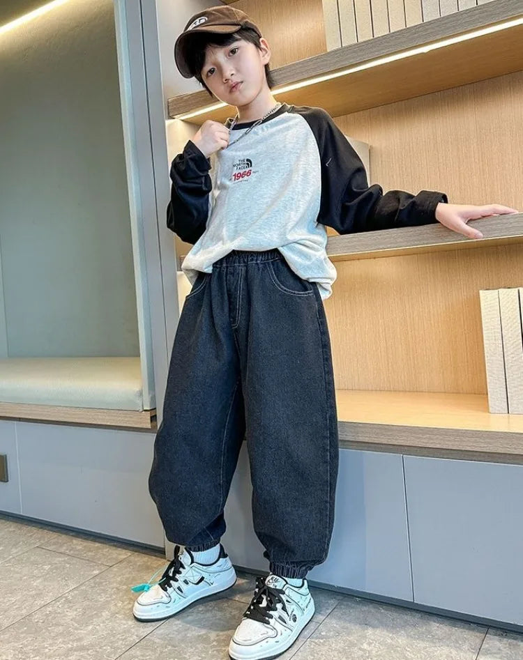 2025 New Boys' Denim Jeans Spring Autumn Kids Casual Sport Pants Long Korean Style Trendy Streetwear