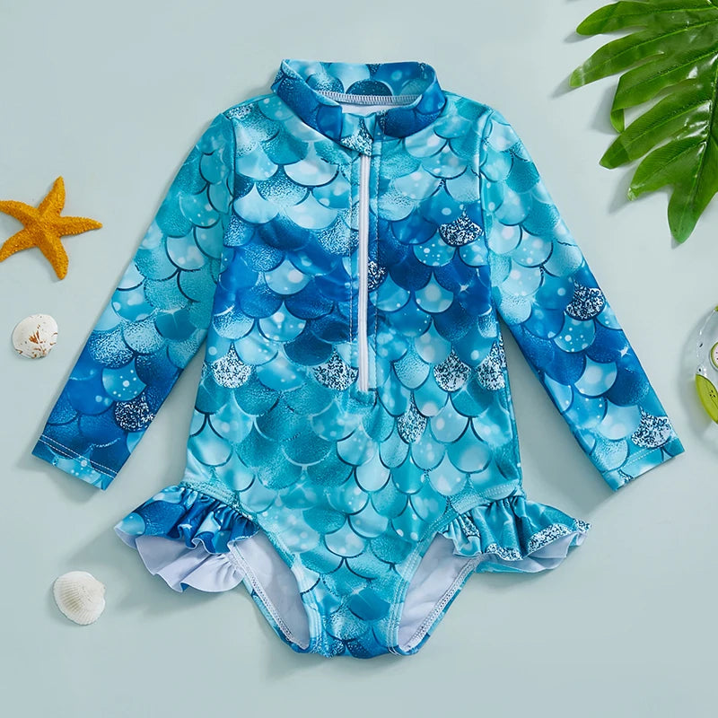 Mermaid Print  Swimsuit with Zipper Closure and Ruffled Mock Neck for Toddler Girls - UV Protection Rash Guard Bathing