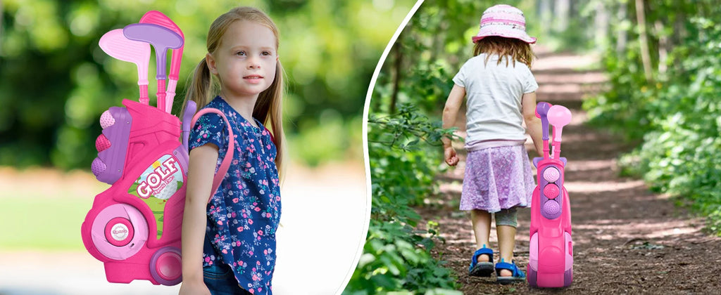 Toddler Golf Club Set Kids Golf Cart with Wheels Shoulder Strap Indoor & Outdoor Sports Toys Christmas Gift for Boys Girls