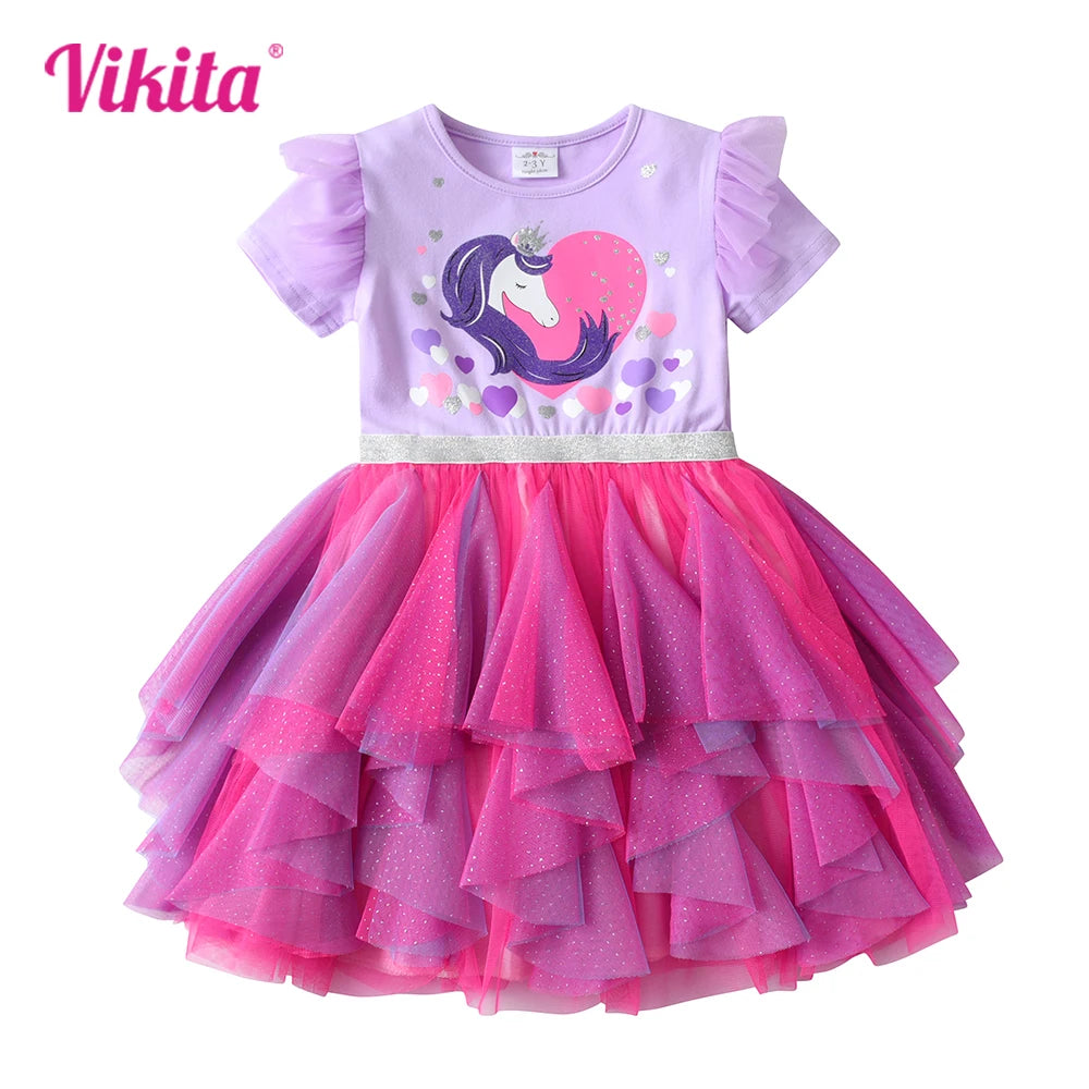 VIKITA Kids Short Sleeve Summer Dress Girls Unicorn Heart Design Dresses Kids Mesh Tulle Layered Cake Irregular Tutu Dresses