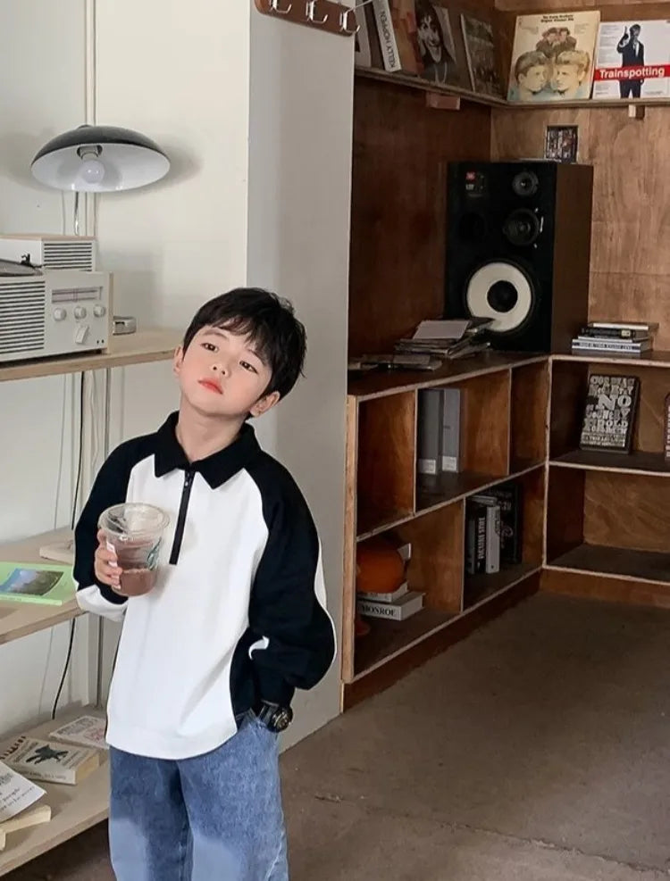 Boys' 2025 Spring/Autumn New Arrival Cotton Punk-Style Street-Savvy Trendy Polo Collar Sweatshirt - Stylish Baby Boys' Top