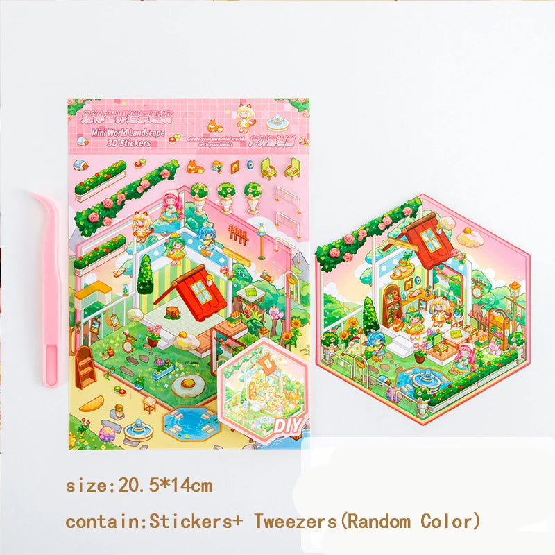 DIY 3D Sticker+Tweezers Cartoon Pocket Princess Room Scene Stacking and Pasting Festival Birthday Gift for Kid Child Student