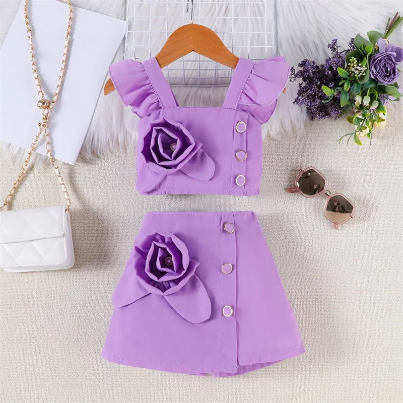 Adorable Baby Girl Summer Ensemble Flutter Sleeve Square Neck Top with 3D Floral Detailing and Matching A-Line Skirt - 2 Piece