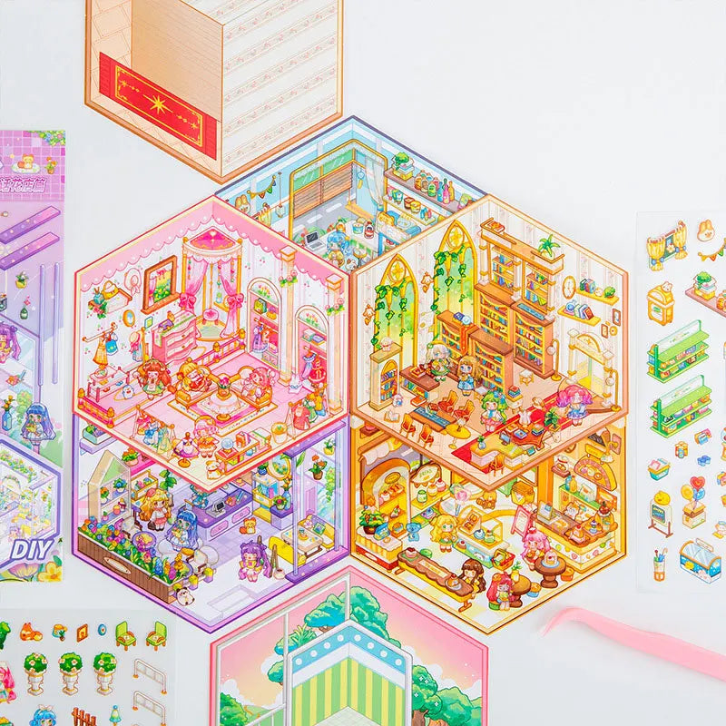 DIY 3D Sticker+Tweezers Cartoon Pocket Princess Room Scene Stacking and Pasting Festival Birthday Gift for Kid Child Student