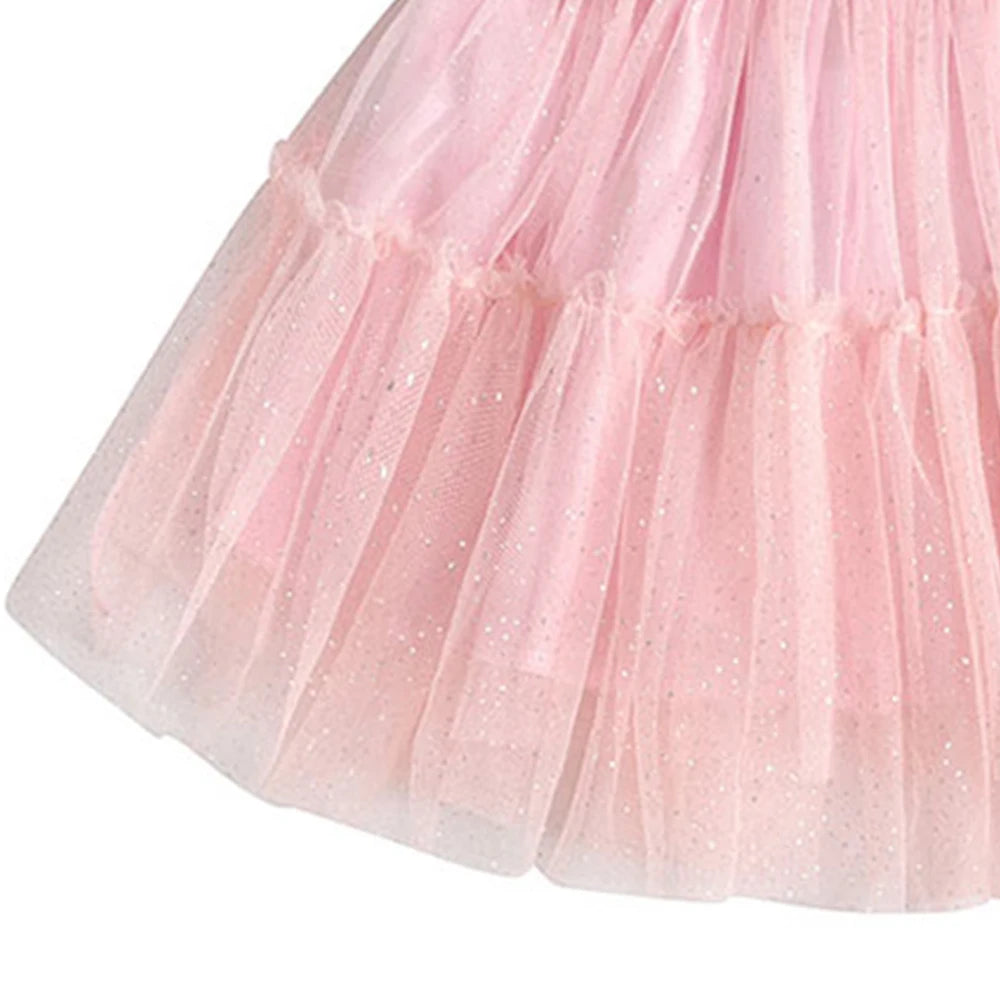 VIKITA Girls Pink Skirts with Bow Knot Kids Shiny Sequins Mini Skirts Girls Birthday Party Casual Daily Mesh Tulle Ballet Skirt