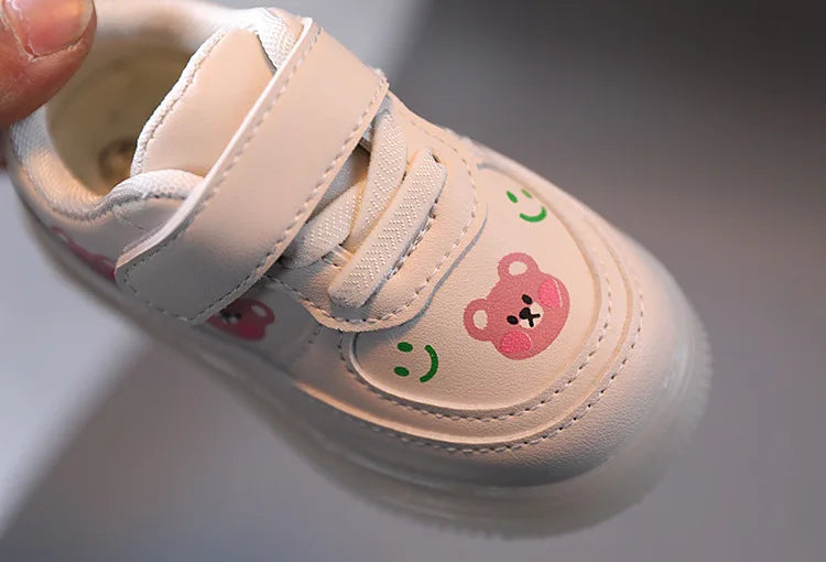 Disney LED Casual Sneakers For Spring Outdoor Cartoon Shoes Children Lighted Non-slip PU Leather Bear White Shoes Size 21-30