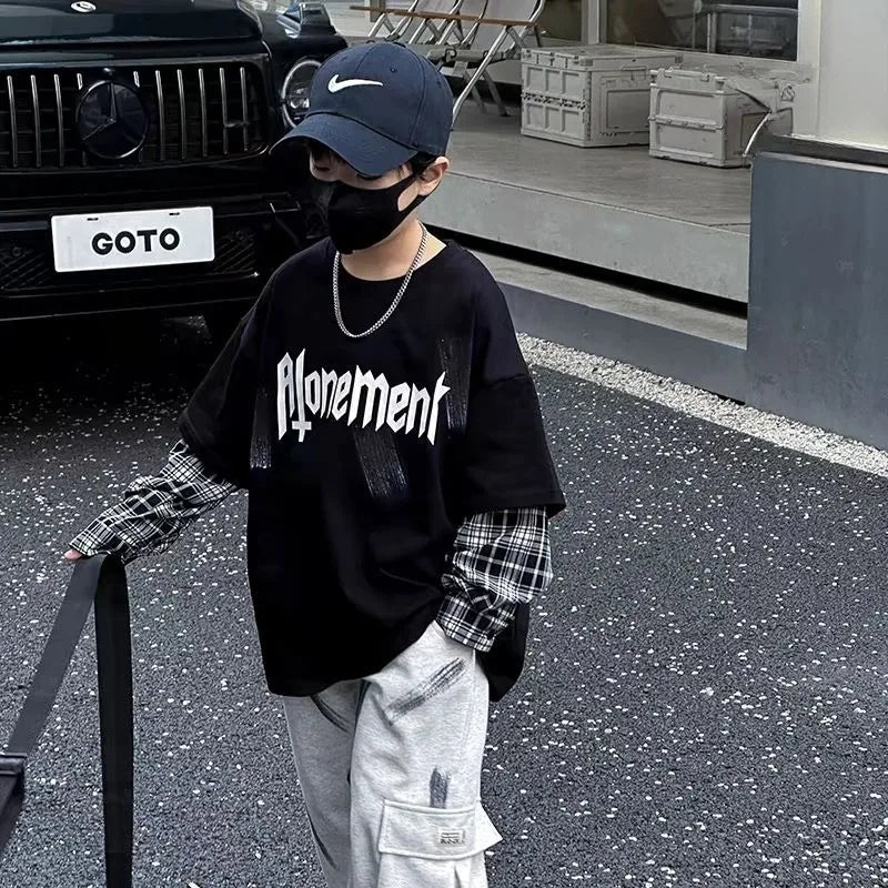 Fake Two Pieces Children's Clothing From 8 To 12 Years Boys Long Sleeve Tee Boys' T-shirt Graphic Shirts T-shirts Tees Boy Child