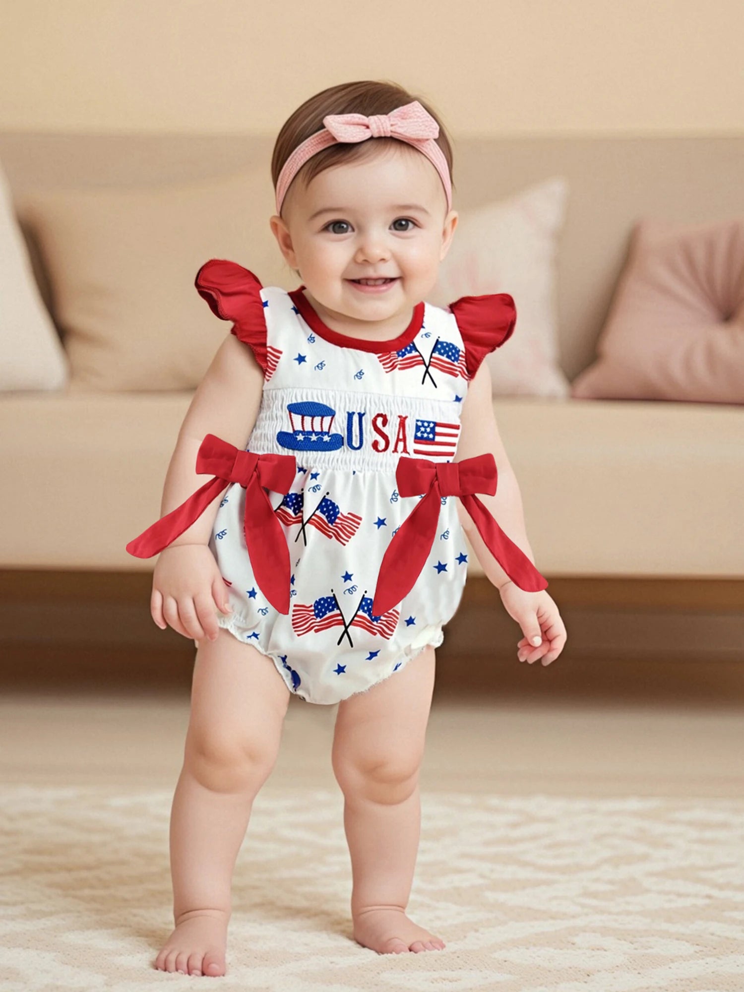 Toddler Girls Patriotic Sleeveless Romper with Ruffled Hem and American Flag Print for 4th of July Celebration