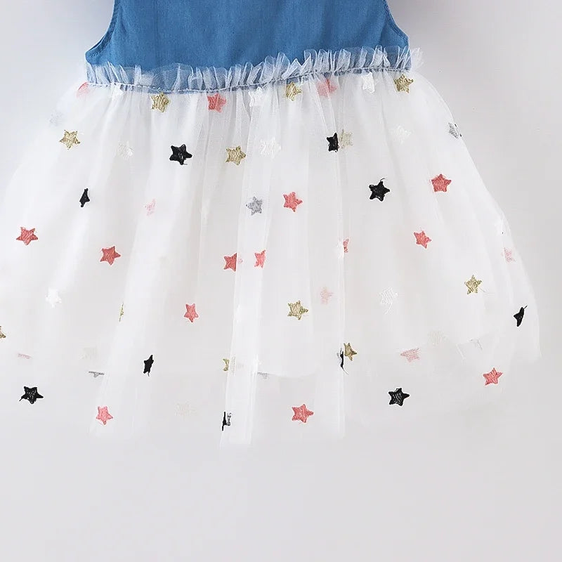 (Girls 0-3 Years Old)New Summer Girls Dress Small Flying Sleeve Bow Cowboy Work Pompous Past Polka Dot Color Sweet Princess Dres