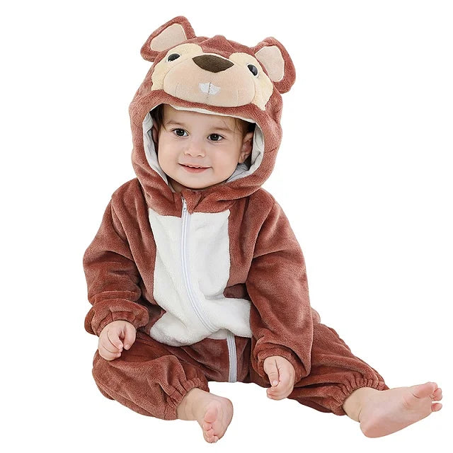 MICHLEY Halloween Costume Infant Baby Clothes Rompers Winter Flannel Hooded Bodysuits Pajamas Animals Overall Jumpsuit For Bebe