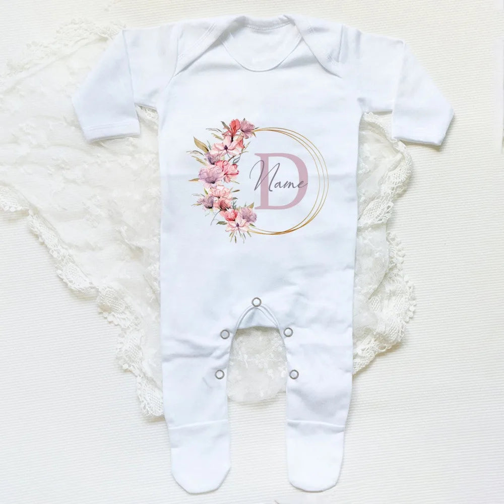 Personalised Wreath with Name Baby Babygrow Sleepsuit Custom Newbron Shower Gift Baby Coming Home Outfit Baby Boy Girl Clothes