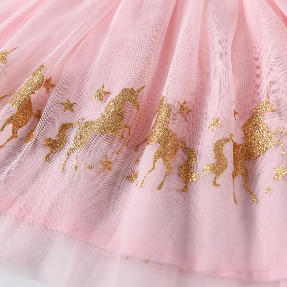VIKITA Girls Pink Long Sleeve Dress with Glittery Golden Unicorn Kids Ruffled  Sleeve Tulle Mesh Skirt Princess Party Prom Gown