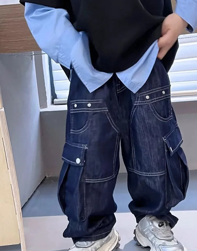 2025 New Boys' Solid Color Jeans - Loose Fit Straight Leg Kids' Long Pants with Pockets, Trendy & Stylish Denim for Active Boys