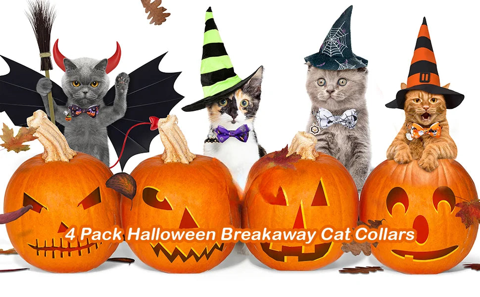 1/4 Pcs Halloween Cat Collar with Bow Tie & Bell Adjustable Breakaway Kitten Collar for Kitty Kitten Adult Cats Dog Pet Supplies