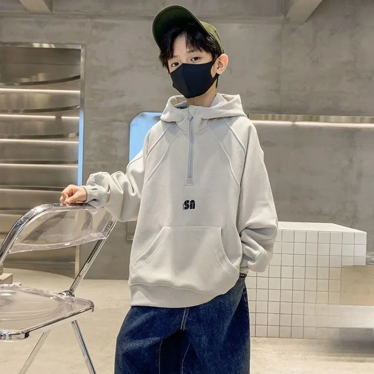 2025 New Boys' Mid-Large Spring-Autumn & Autumn-Winter Fleece-Lined Thickened Hooded Hoodie - Trendy Streetwear Boys' Top