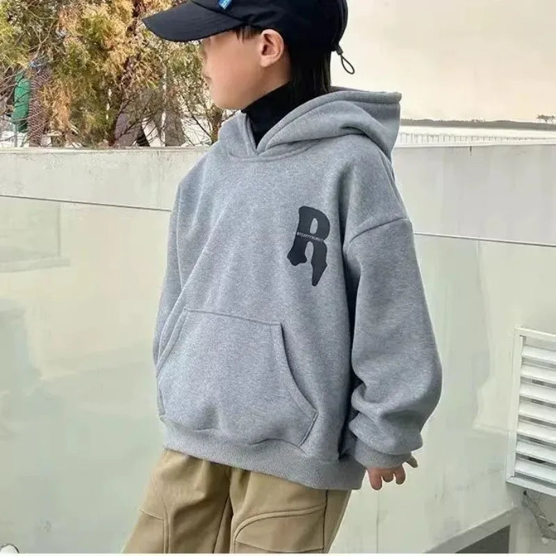 2025 New Boys' Mid-Large Maillard Fleece-Lined Hooded Hoodie - Stylish Autumn Winter Spring Kids' Top