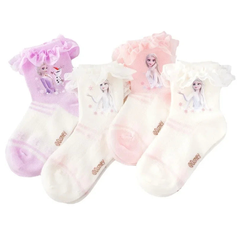 4 Pairs Children's Girl Elsa Socks Children's Spring and Summer Thin Hollow Cotton Lace Socks Short Socks H3134
