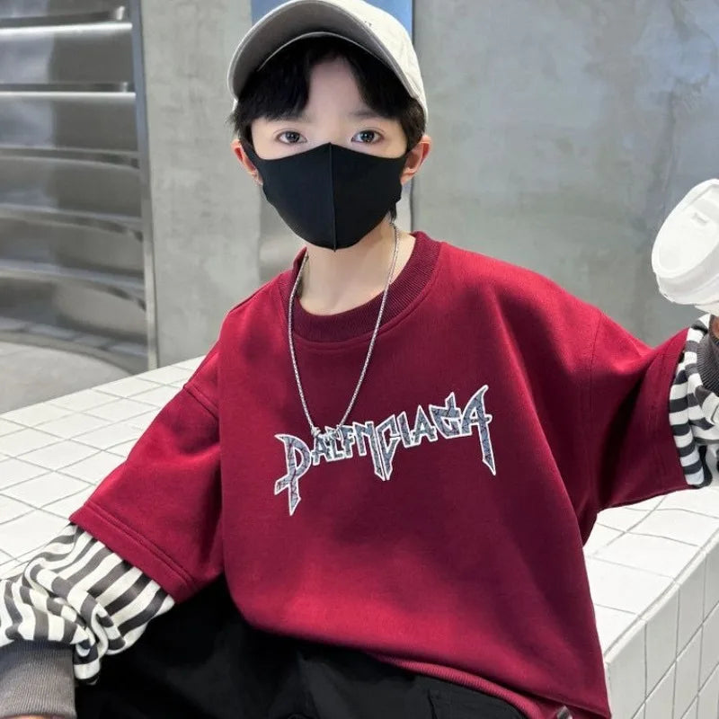 Boys' Medium-Large 2025 New Arrival No Hood Long Sleeve Fake Two-Piece Loose Fit Stylish Sweatshirt for Spring