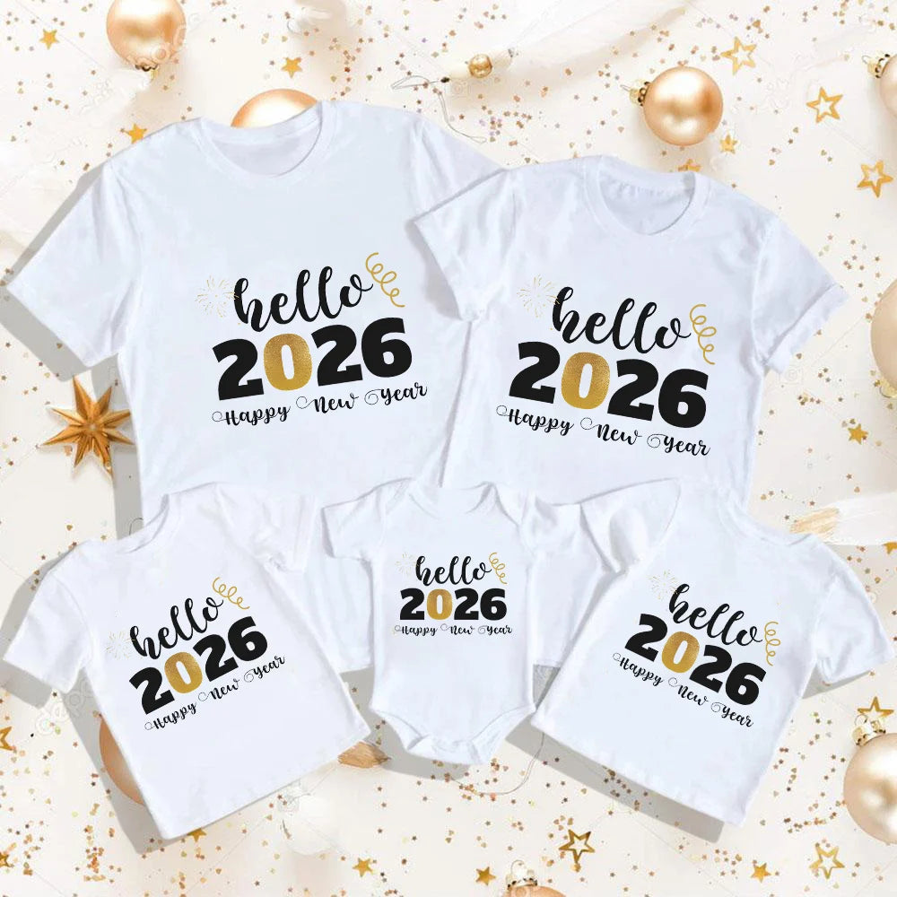 Hello 2026 Happy New Year Family Matching Outfits Dad Mom and Daughter Son Tshirt Baby Romper Family Look New Year's Clothes