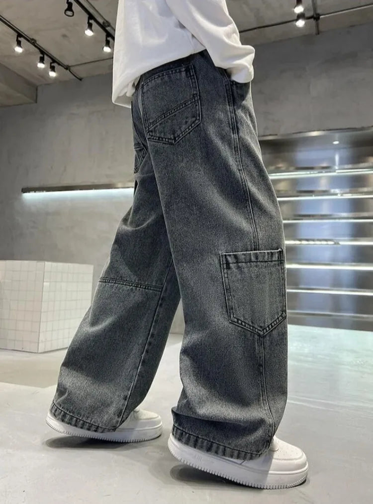 2025 Spring Boys' Wide-Leg Jeans Loose-Fit Trendy Streetwear for Kids Ages 8-14