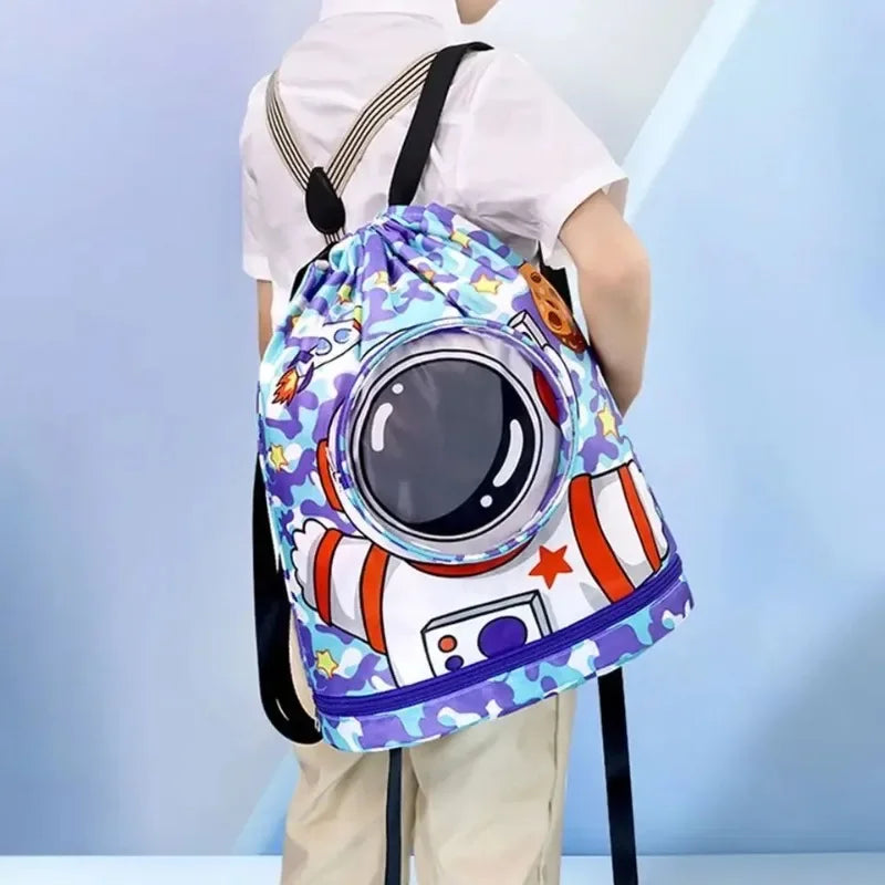 Kids Swim Beach Bag Drawstring Backpack with Shoe Compartment Cartoon Pool Bag for for Wet Swimming Sport Travel Boys Girls
