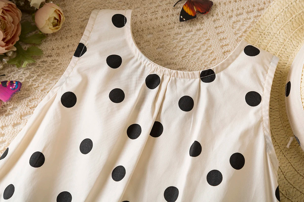 Sweet Black Bow Baby Girl Dress, Summer New Polka Dot Sleeveless Children'S Clothing With Free Hat (9 Months-4 Years Old)