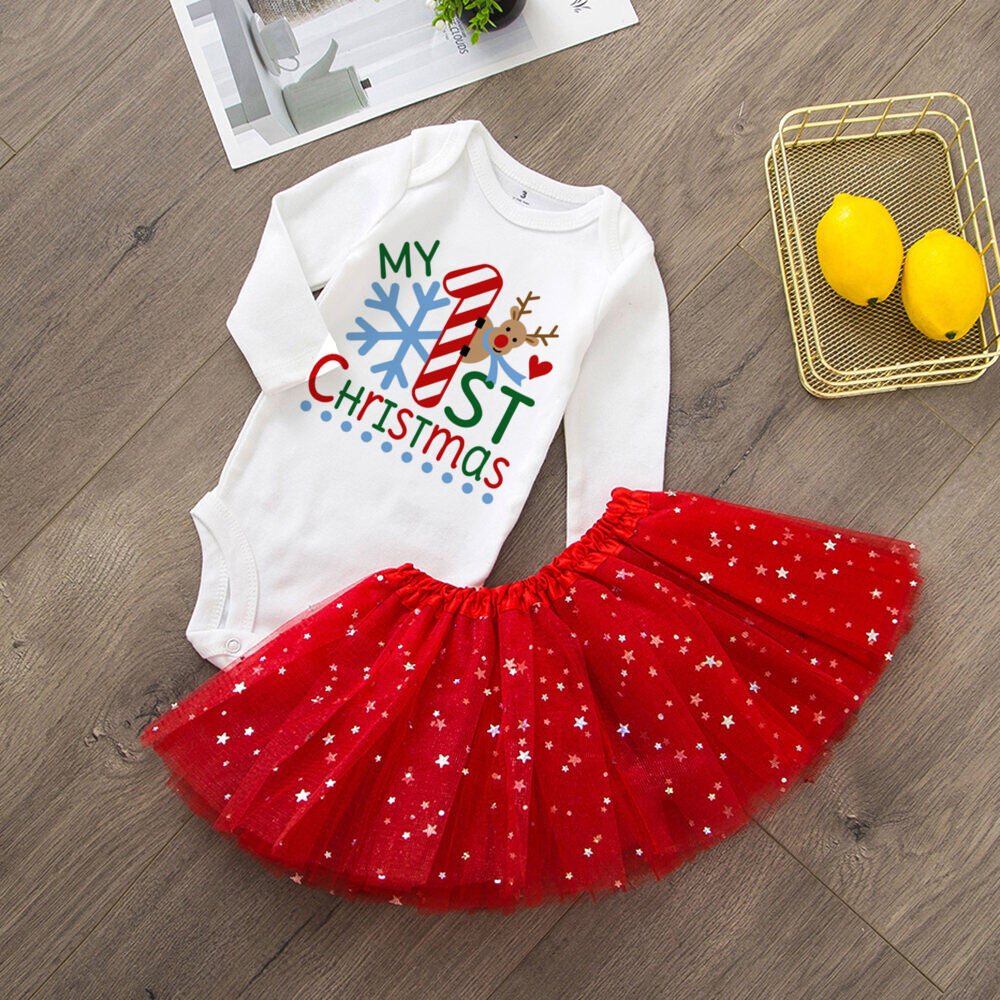 My 1St Christmas Baby Bodysuit Cake Dresses Set Infant Girls Long Sleeve Playsuit Tutu Skirts Clothes Toddler Xmas Party Outfits