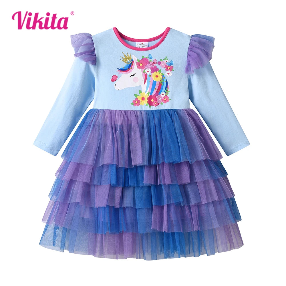 VIKITA Children Clothing Kids Licorne Flower Print Dress Kids Performance Birthday Party Prom Gown Girls Princess Tutu Dresses