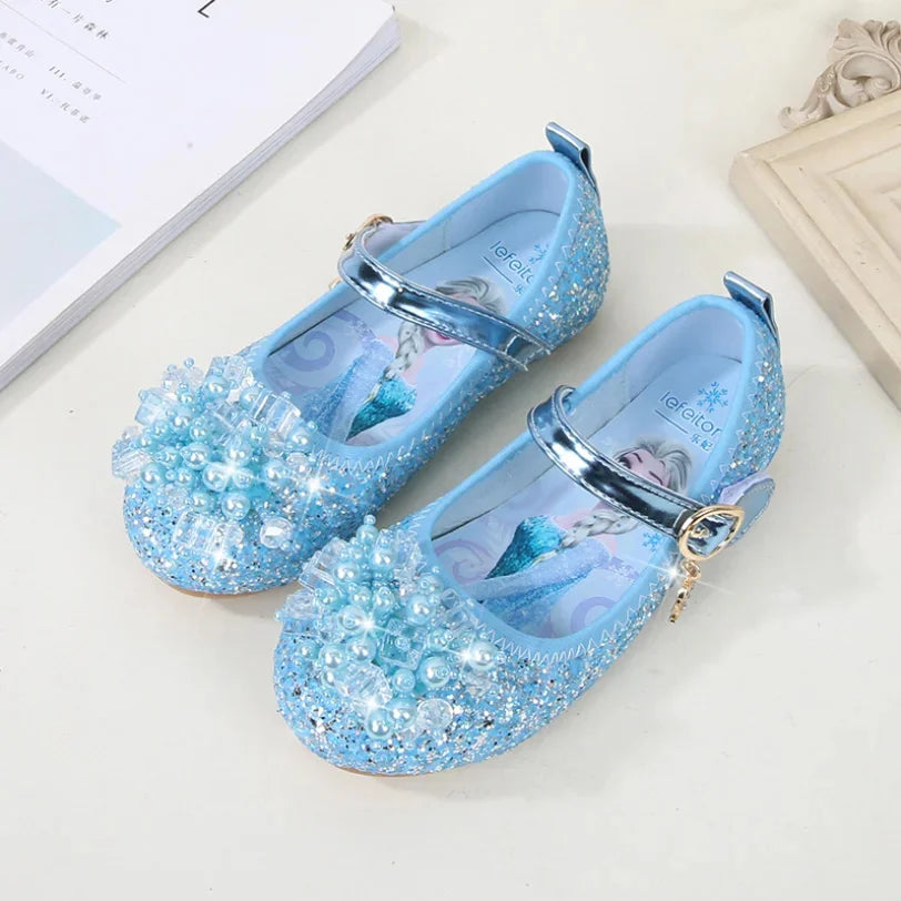 Disney Girls Princess Shoes Soft Sole Little Girl Frozen Children Crystal Casual Shoes Flat Leather Show Dance Shoes Size 22-36
