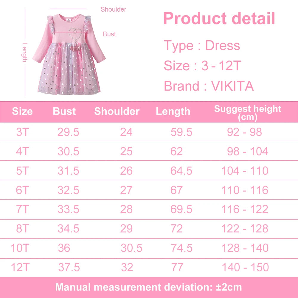 VIKITA 2025 Kinderkleidung Mädchen Herbst Frühling Langarm Rosa Kleid Kinder Herzform Mesh Tüll Prinzessin Party Sternenkleider
