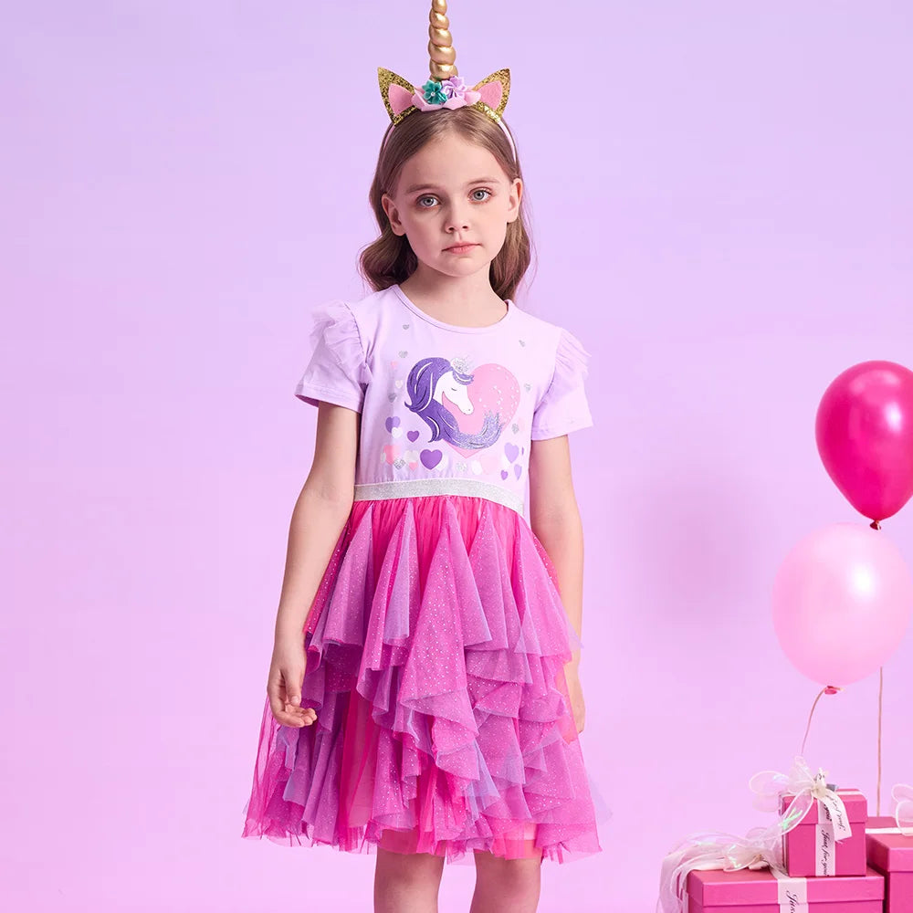 VIKITA Kids Short Sleeve Summer Dress Girls Unicorn Heart Design Dresses Kids Mesh Tulle Layered Cake Irregular Tutu Dresses