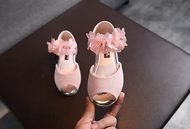 Girls Rhinestone Flower Shoes Low Heel Flower Wedding Party Dress Pump Shoes Princess Shoes For Kids Toddler
