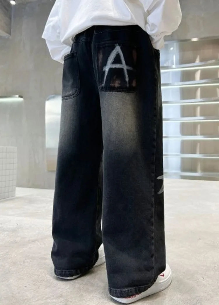 Boys' Trendy Streetwear Jeans for Spring/Fall - Loose Fit Straight-Leg Wide-Leg Denim Pants for Boys 8-14