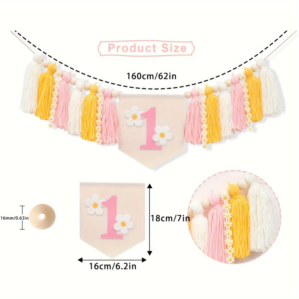 Daisy 1st Happy Birthday Banner Highchair Banner Tassels for Girl&Boy Birthday Party Decoration Baby Birthday Photo Props