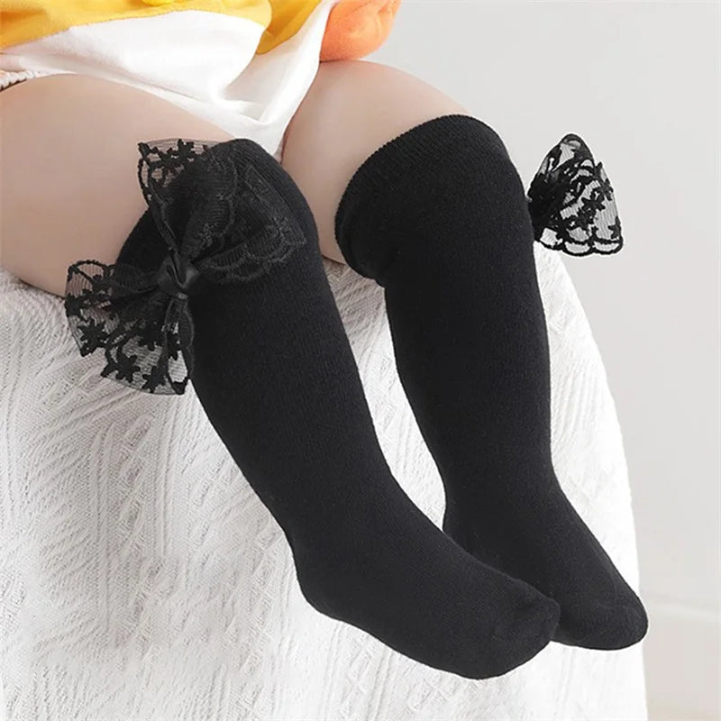 Adorable Baby Girl Knee-High Socks with Lace Bow Detail and Non-Slip Grip - Perfect for Spring and Summer Wear