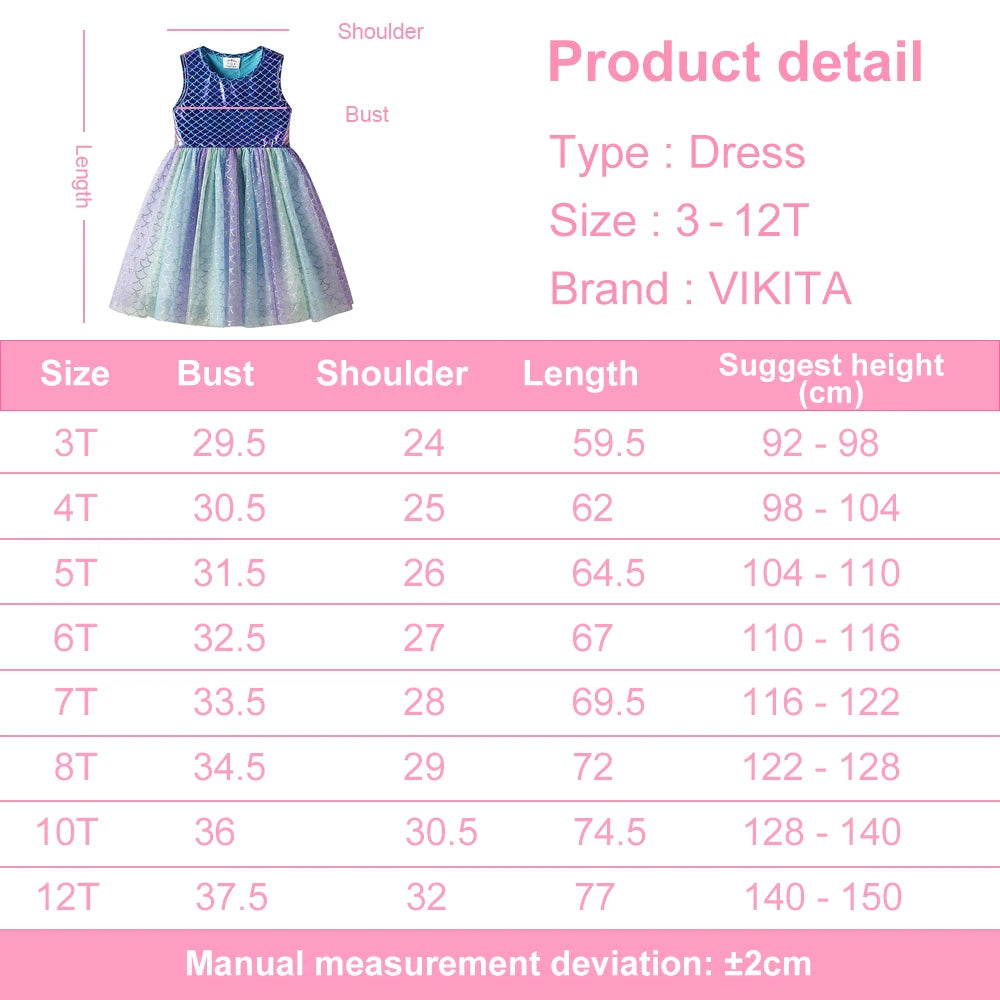 VIKITA Girls Mermaid Dress Children Princess Tutu Dress Toddlers Summer Sleeveless Dress Kids Birthday Party Casual Prom Gown