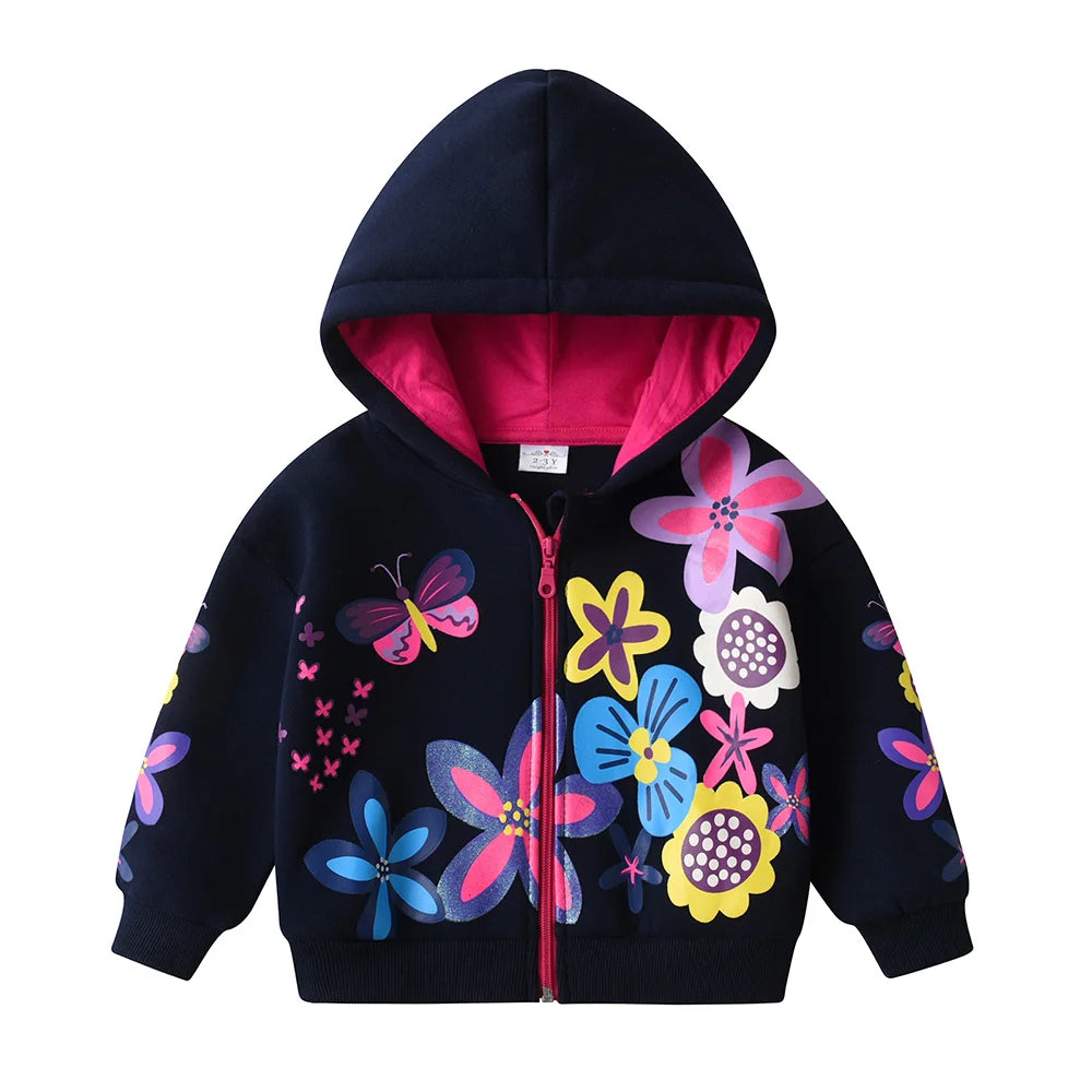 VIKITA Girls Autumn Winter Jacket Children Hooded Coats Girls Floral Print Zipper Outerwear Kids Cotton Casual Sports Jackets