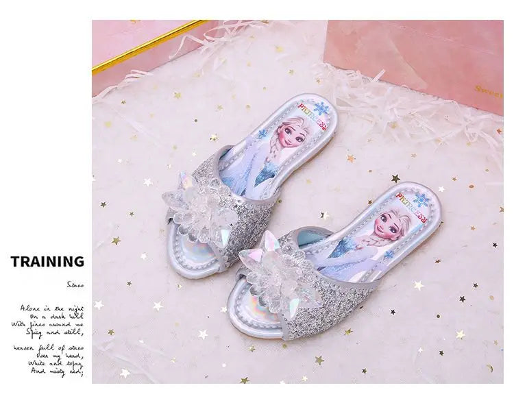 Disney Children's Sandals Frozen Slippers Fashion Elsa Princess Shoes Crystal Flowers Non-slip Blue Pink Silver Girls' Sandals