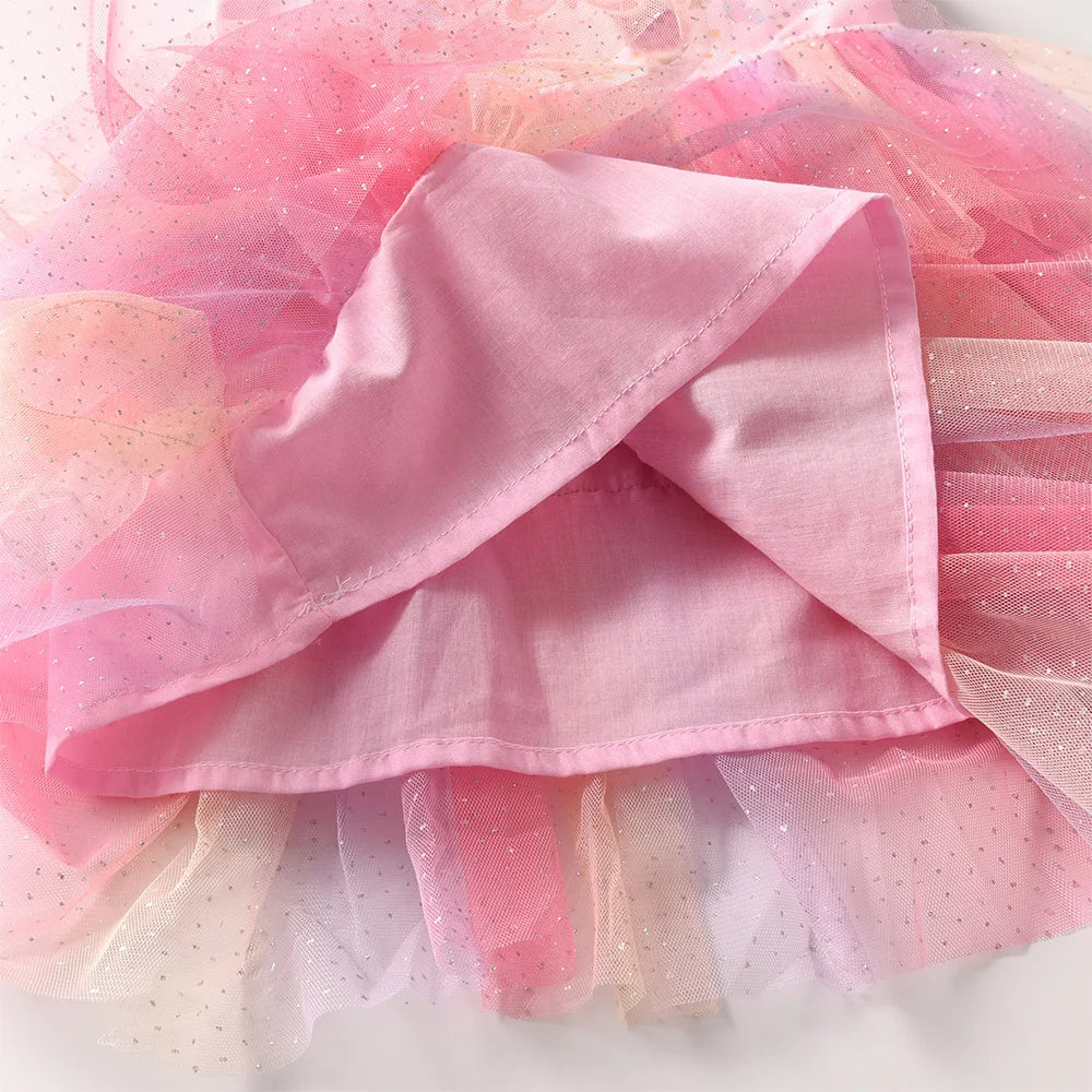 VIKITA Girls Pink Butterfly Print Layered Princess Dress Kid Flutter Sleeves Gradient Cute Fashion Summer Dress Kids Costumes