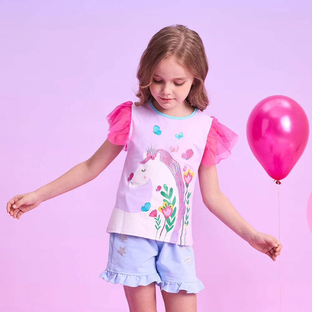 VIKITA Girls Flare Sleeve Summer T Shirt Kids Unicorn Flower Print Cartoon T Shirts Kids Casual Daily School Cotton Casual Tops