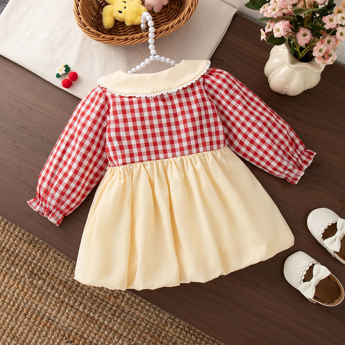 6-24 Months Spring And Autumn New Plaid Long Sleeved Baby Girl Dress, Rustic Style Children'S Clothing For Picnic Parties