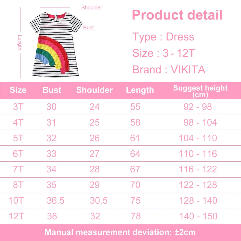 VIKITA Girl Short Sleeve Striped Dress for Summer Kids Rainbow Appliqued Cotton Casual Daily Cozy Straight Vestidos Kids Clothes
