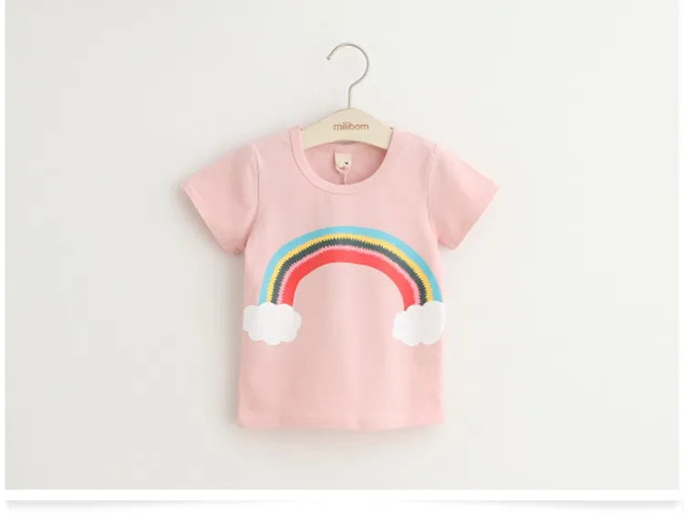 2025 Summer 2 3 4 6 8 10 Years Children Cotton Cartoon Star Bird Cat Rabbit Animal Print Short-Sleeve T-Shirt For Kids Baby Girl