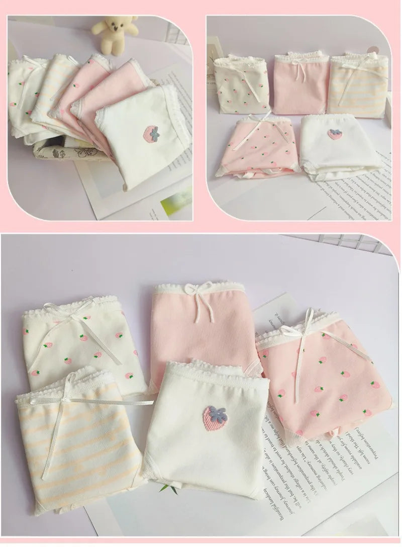 5PCS Girls Cotton Soft Antibacterial Briefs Kids Pink Strawberry Print Knickers 7+y Young Children Breathable Comfort Underwears