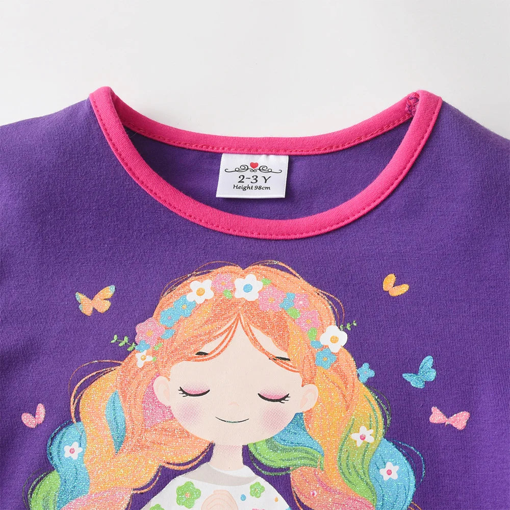 VIKITA Girls Flower Doll Print T Shirt Kids Purple Long Sleeve Rainbow Striped Cotton Casual Tops and Tees Kids Daily Costumes