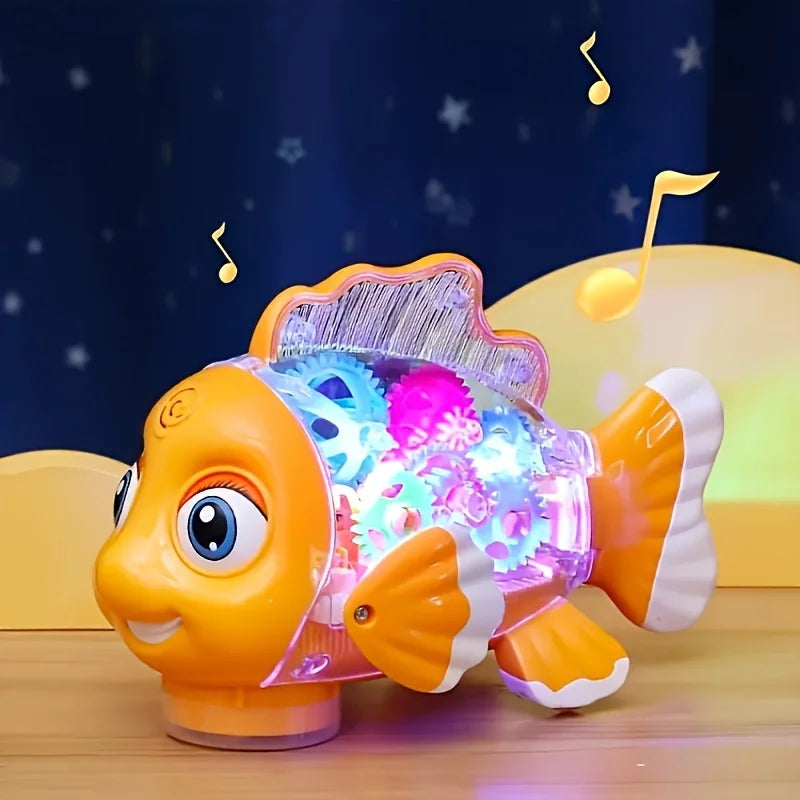 Transparent Electric Gear Gold Fish Toddler Toys with Music & Lights Bump & Go Educational STEM Toys for Babies Tummy Time Gifts