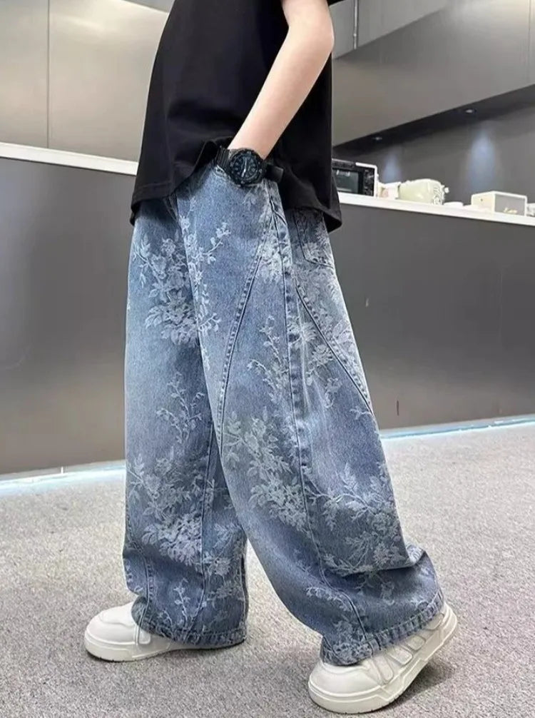 Kids' Casual Wide-Leg Jeans with Jacquard Print - Boys & Girls Big Kids Comfort Fit Spring Autumn Pants