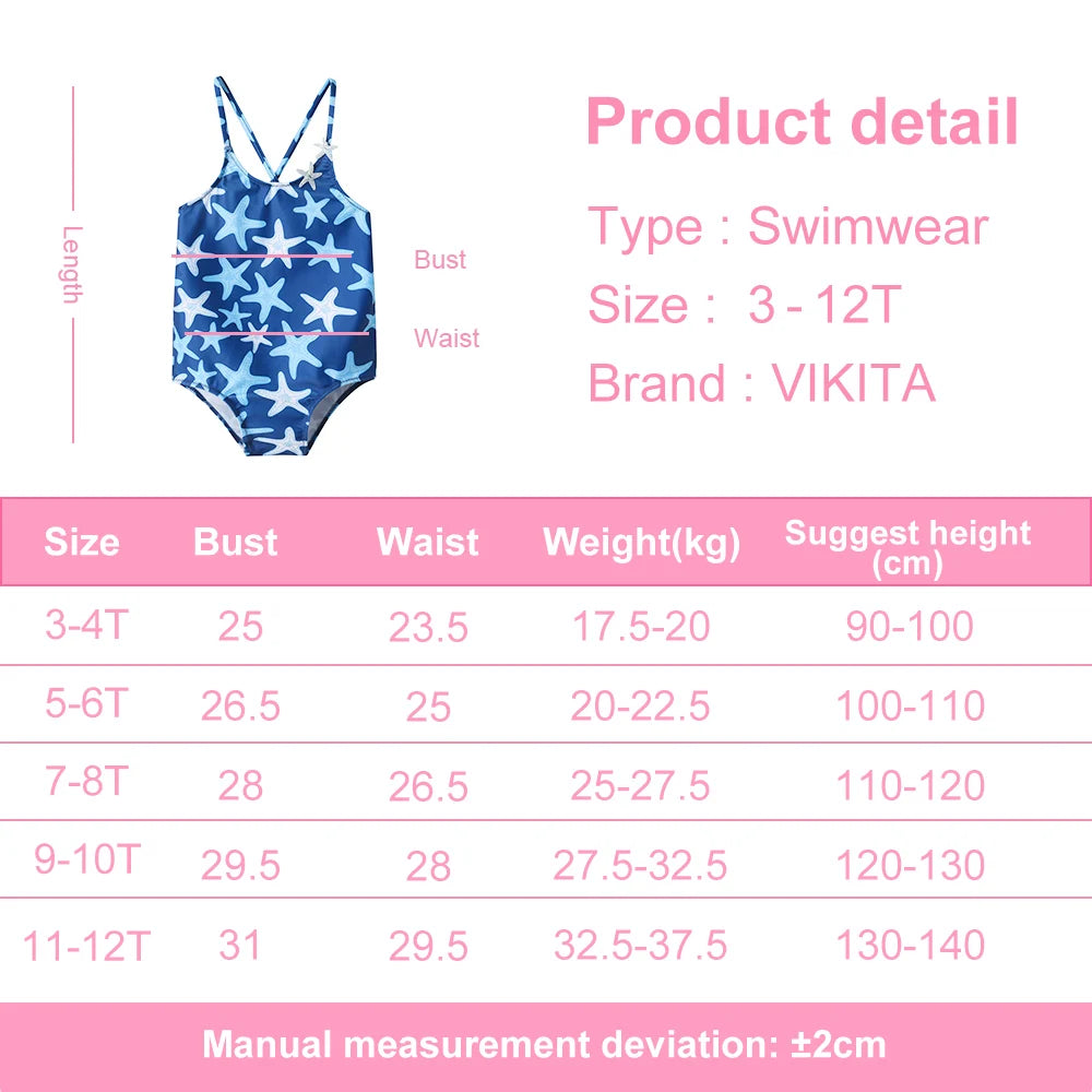 VIKITA Girls Swimwear One Piece Teens Seastar Print High Quality Beachwear for Kids Girls Camisole Swimsuit 4 To 10 Years Old