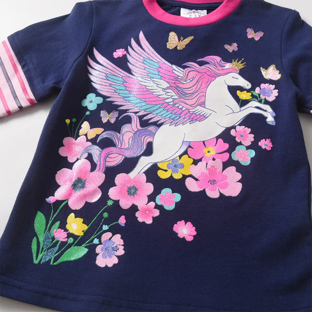 VIKITA 2025 Kinderkleidungsset für Mädchen, 2-teilig: Langarm-Baumwoll-T-Shirt mit Blumen-, Einhorn- und Schmetterlingsmotiv und passende schmal geschnittene Bleistifthose.