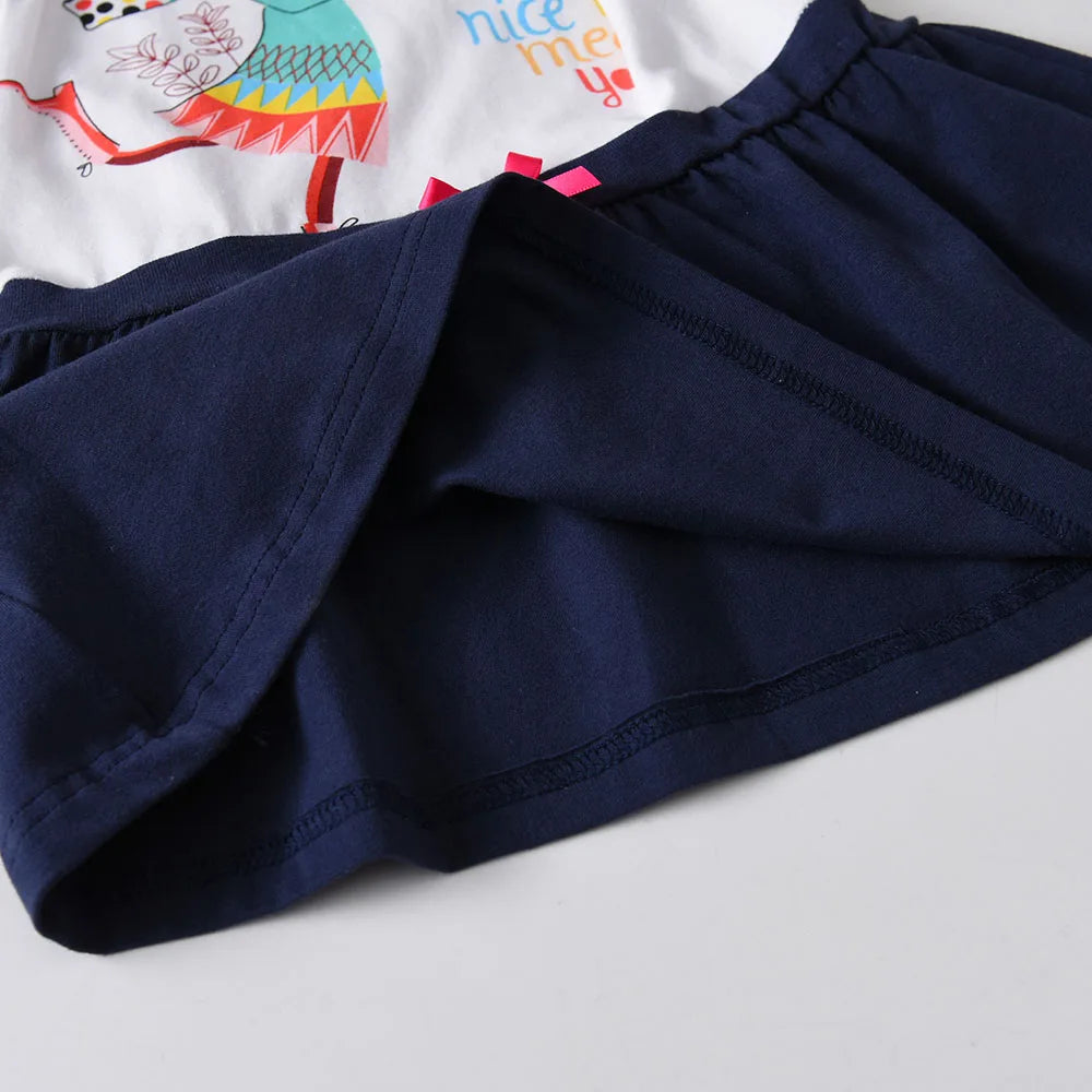 DXTON Girls Cotton Casual Long Sleeve Dresses Autumn Spring Children Polk Dot Cartoon Print Clothes Kids Patchwork Frocks Dress